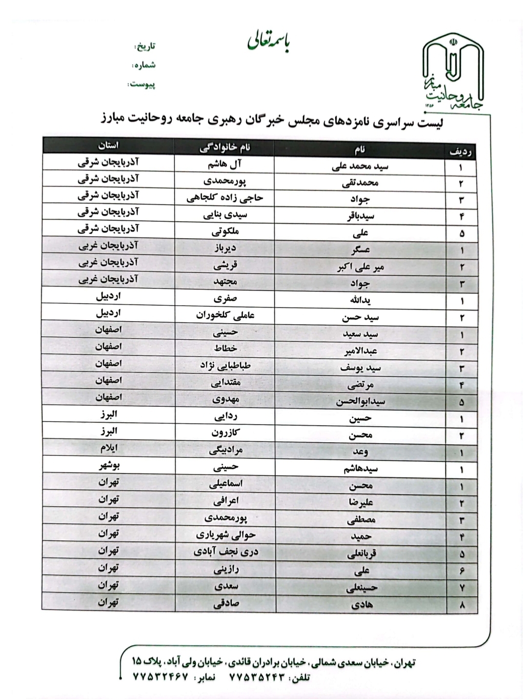 اعلام فهرست سراسری نامزدهای جامعه روحانیت مبارز در انتخابات مجلس خبرگان رهبری